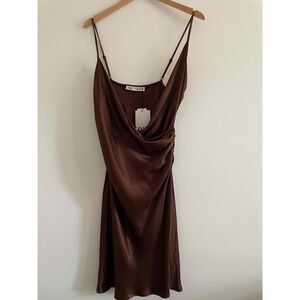 NWT Zara Womens Brown Spaghetti Straps Draped Front Midi Slip Dress Large